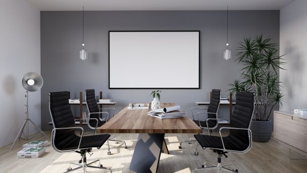 Sleek meeting room featuring black chairs, wooden table, and a blank screen, ideal for business settings.