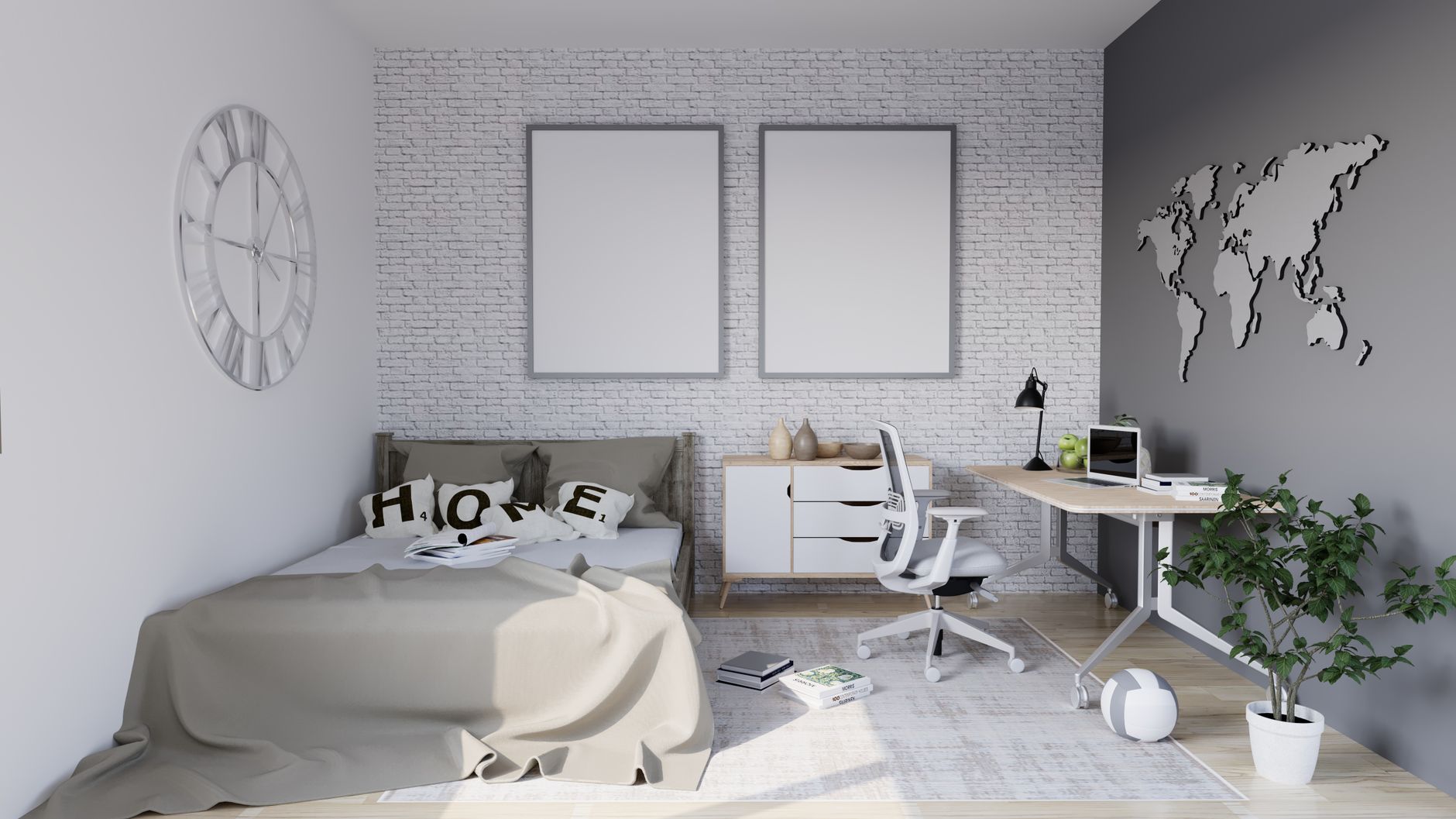Stylish modern bedroom with workspace featuring minimalistic décor and natural light.