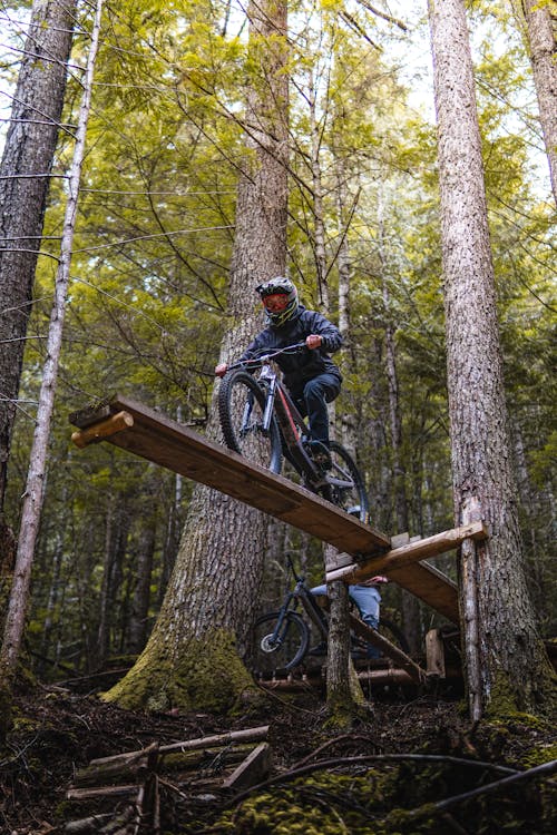 Man Riding Mountain Bike on Plank in Forest