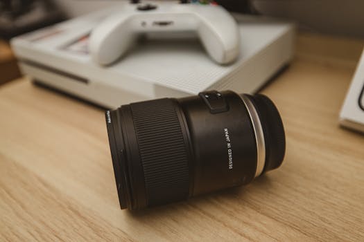 Close-up of a camera lens and gaming console on a wooden desk, showcasing technology and hobby elements.