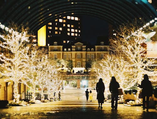 Silhouettes of People Walking among Illuminated Trees at a Christmas Market in Tokyo, Japan 