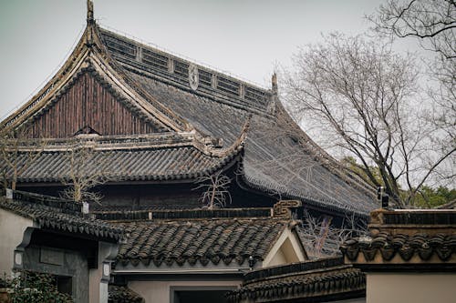 A chinese building with a roof that is covered in tiles