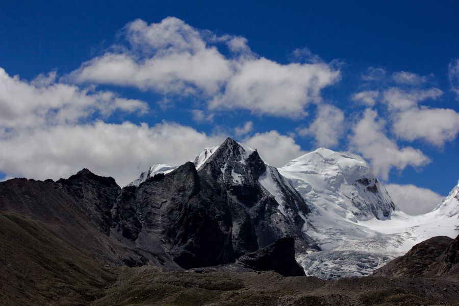 Snow-capped peaks and blue sky in North Sikkim