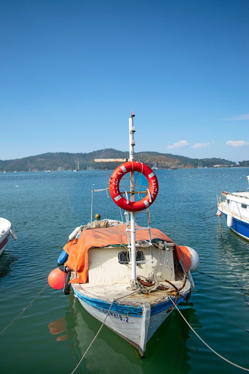 A small boat in the water with a life preserver