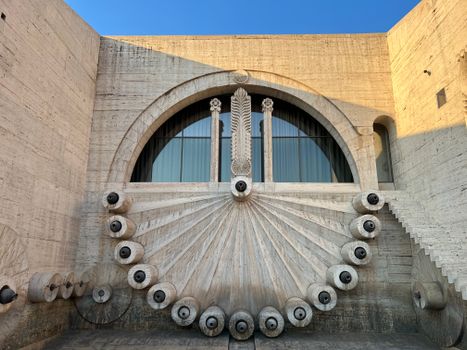 Detailed view of Cascade Complex's architectural facade in Yerevan, Armenia showcasing unique design elements.