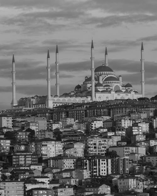 Camlica Mosque over Buildings in Istanbul in Black and White