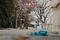 一位女士在风景如画的公园里慢跑，公园里满是盛开的春树和老式街灯