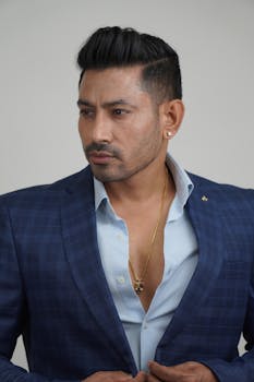 Portrait of a confident man wearing a blue suit with a white background in a studio setting.