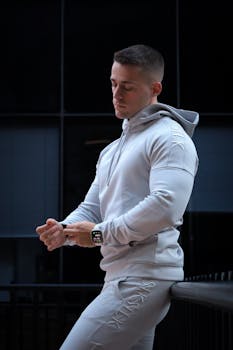 A muscular man in a white hoodie checks his smartwatch indoors. Fitness meets tech style.