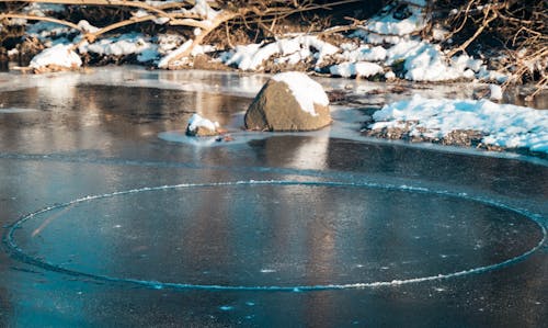 A circle of ice in the middle of a frozen pond