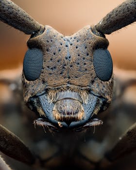 Detailed macro shot of a longhorn beetle's head showcasing antennas and compound eyes.
