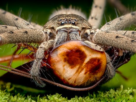 Extreme close-up of a wolf spider feasting, showcasing its intricate details.