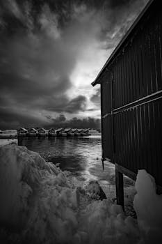 A striking black and white winter scene captures a snowy coastline with dramatic clouds.