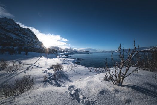 Serene snowy landscape with clear skies and lake at sunset.