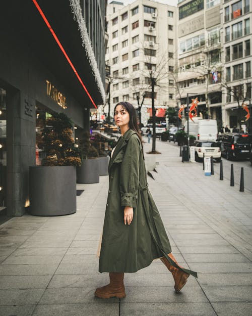 Woman Wearing Khaki Coat on a Street 