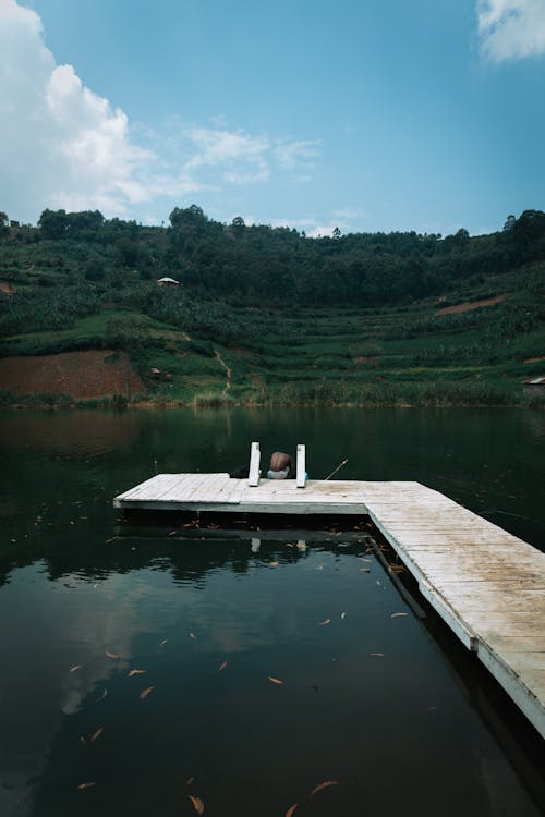 A dock with a boat on it in the middle of a lake