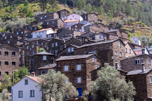 A village on a hillside with trees and houses