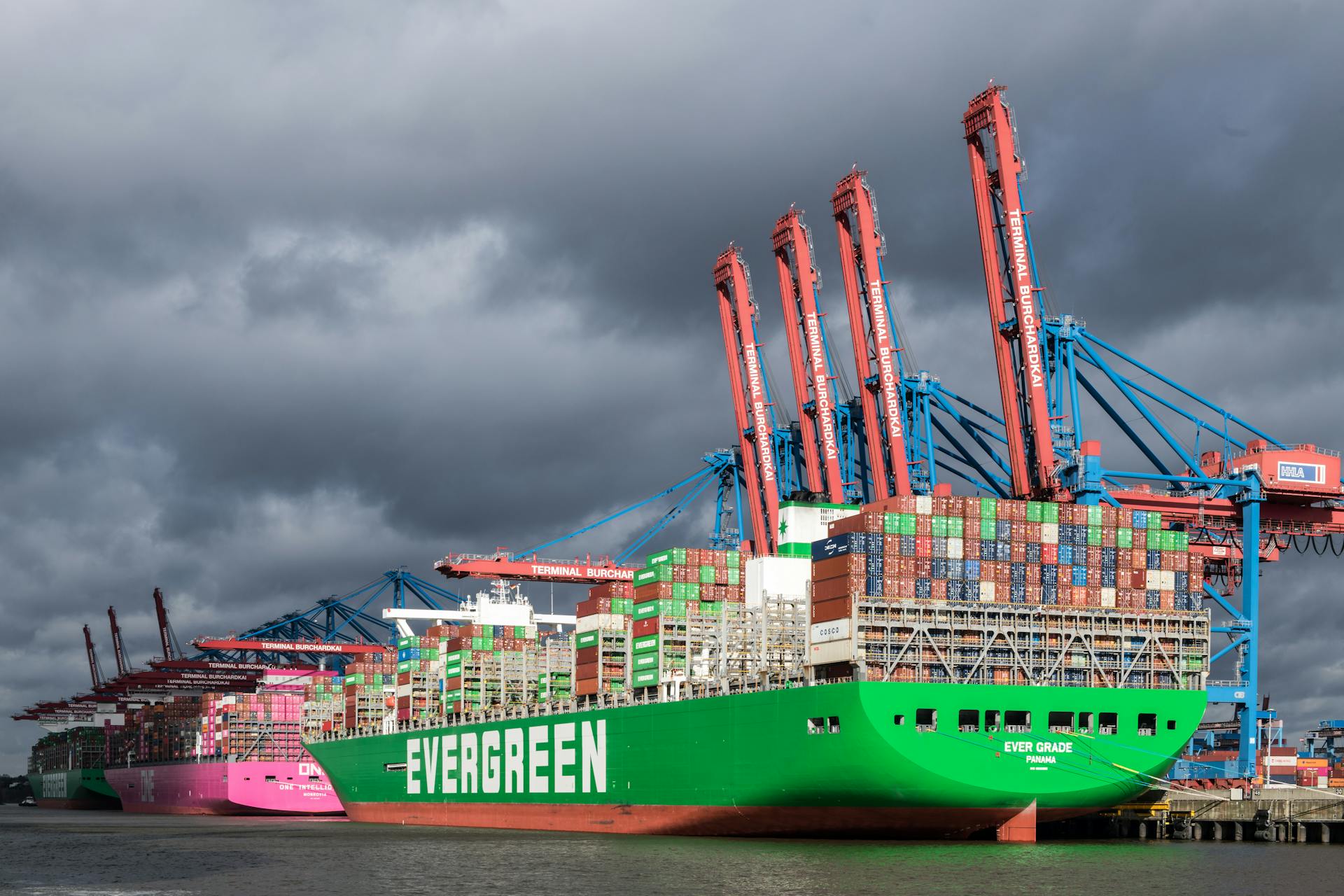 Container ships docked at Hamburg harbor under a cloudy sky, busy with cranes.