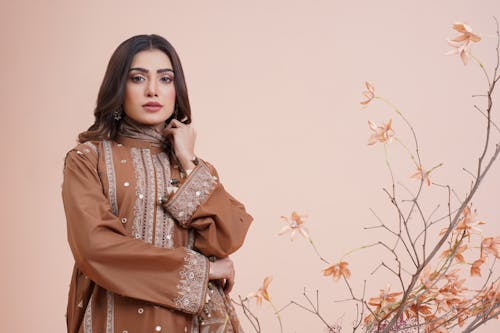 Model in a Brown Embroidered Dress