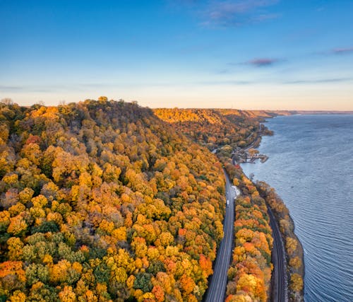 An aerial view of a river and trees in fall