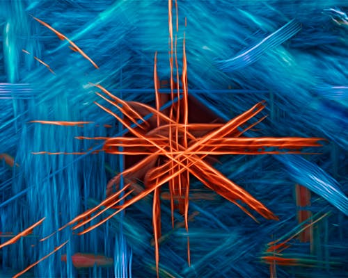 A close up of a blue and orange abstract painting