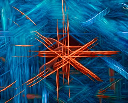 Dynamic abstract artwork featuring vivid blue and orange elements in an intricate design.