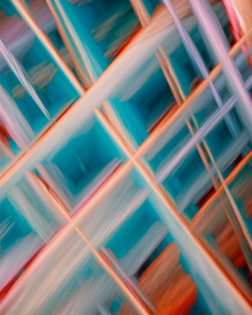Abstract painting of a blue and orange building