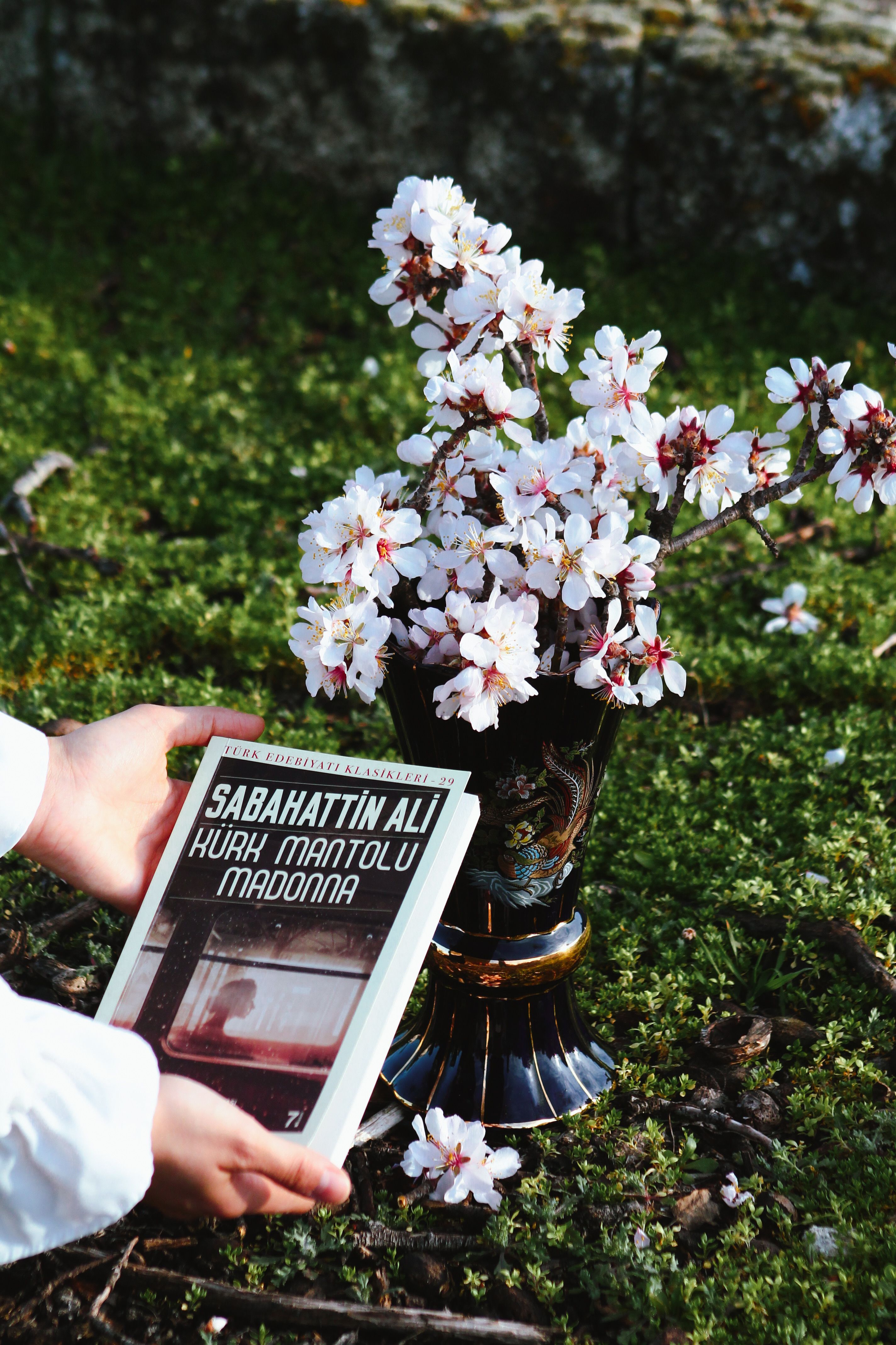 Person holding a book beside a vase of white flowers on green grass.