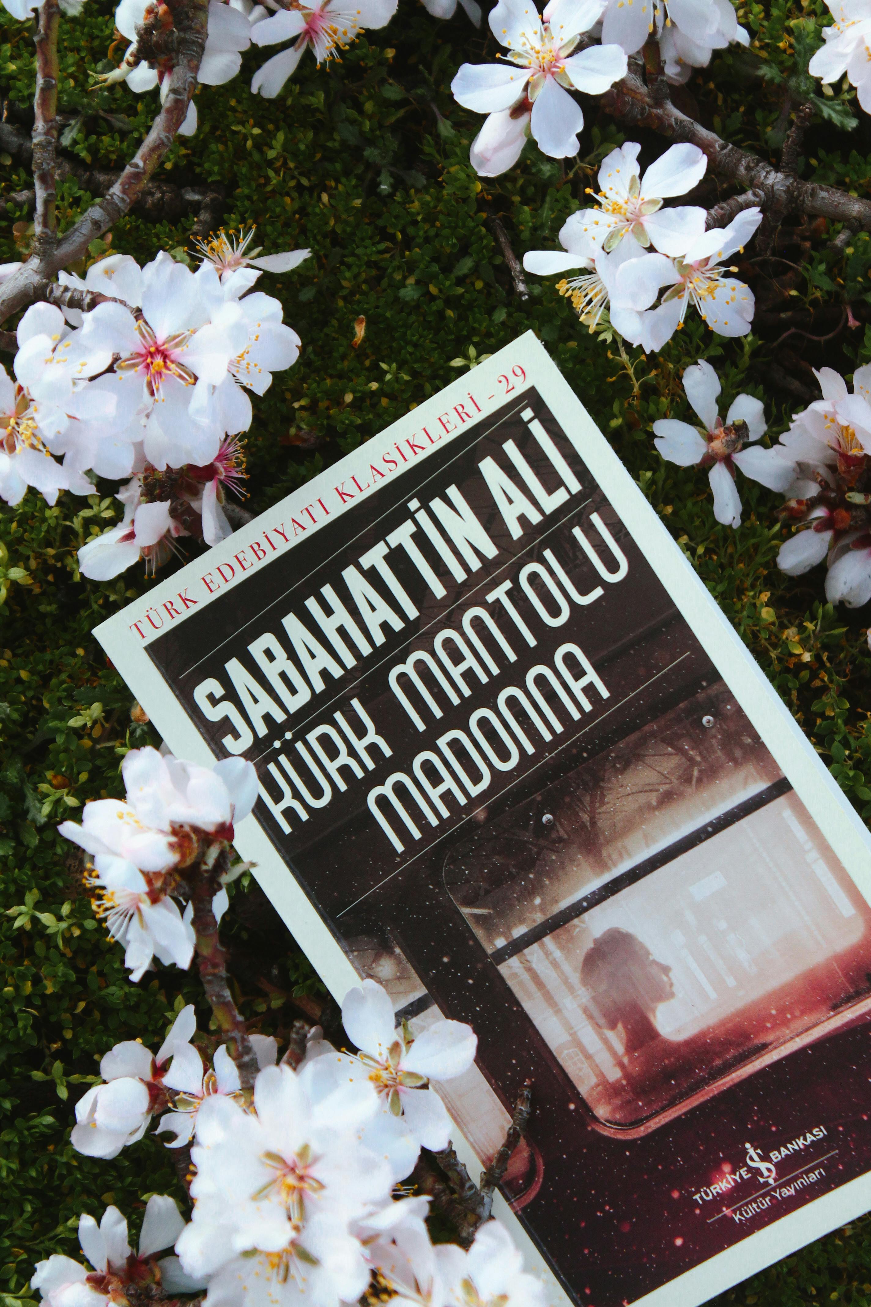 Kürk Mantolu Madonna book, by Sabahattin Ali, surrounded by vibrant cherry blossoms.