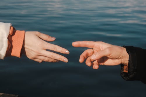 Free Two Hands Reaching for Each Other by the Sea Stock Photo