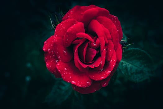 Detailed image of a red rose adorned with dew drops, symbolizing romance and elegance.
