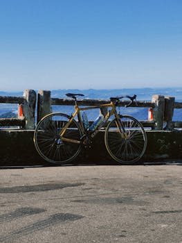 A vintage bicycle rests against a weathered barrier with scenic mountain views.