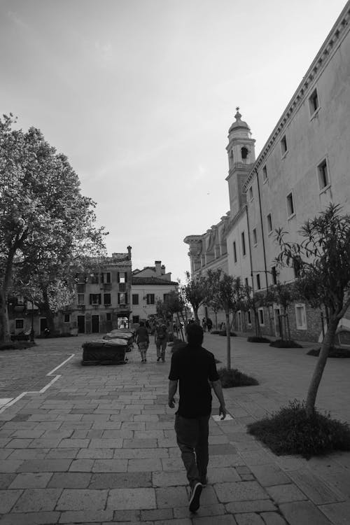 People Walking on Sidewalk in Black and White