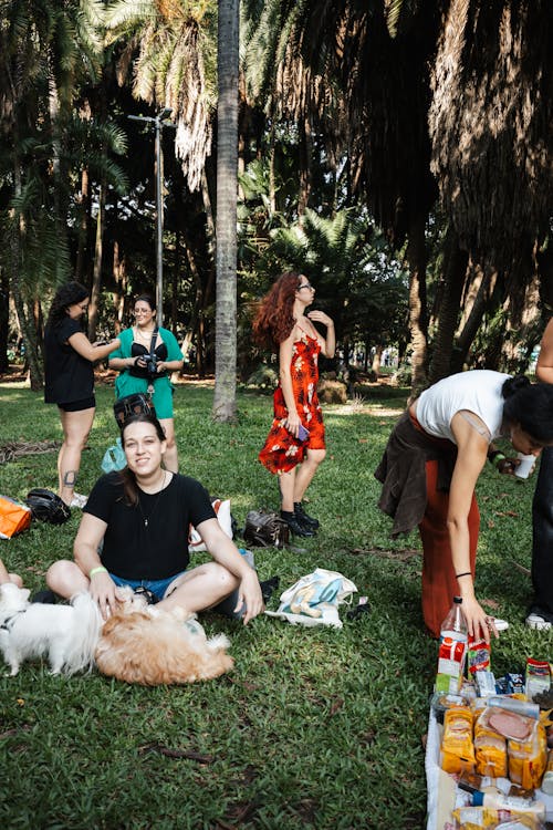 A group of people sitting in the grass with dogs