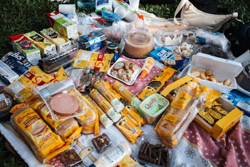 A picnic blanket with food and snacks on it