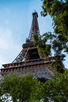A stunning view of the Eiffel Tower framed by lush green trees against a clear sky in Paris.