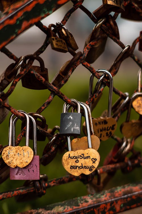 A bunch of padlocks on a fence with a heart