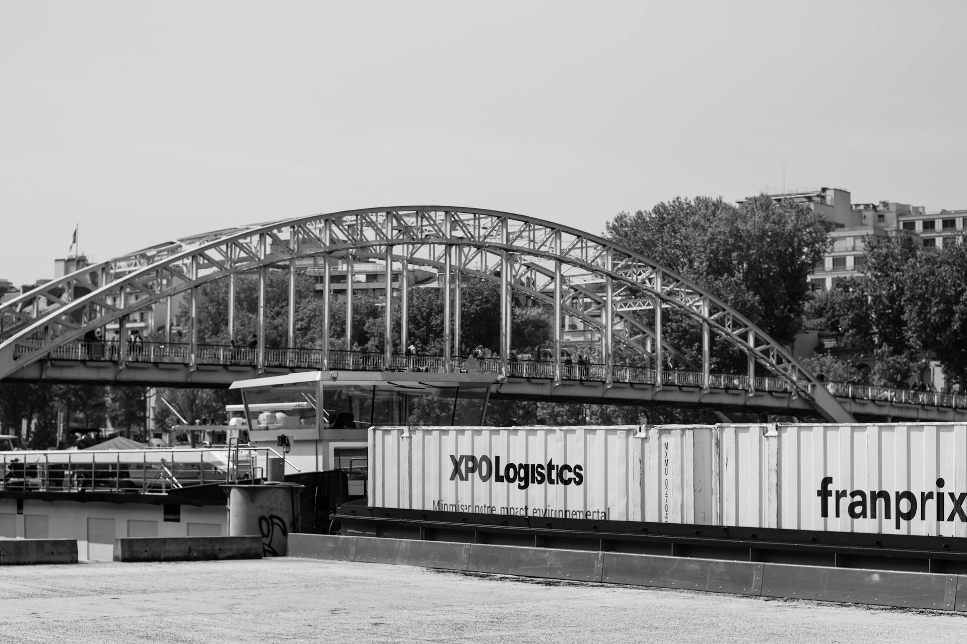 Barge with Containers on River in Paris
