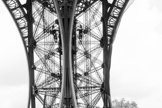 Elegant close-up of the Eiffel Tower's iron structure in Paris, showcasing intricate architectural details.