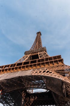 Low angle view of the iconic Eiffel Tower in Paris, partially under construction against a clear blue sky.