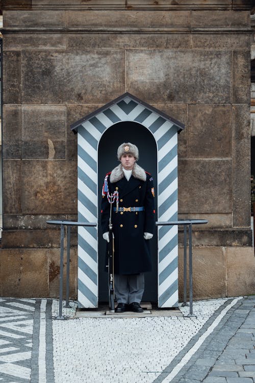 A man in uniform stands in front of a door