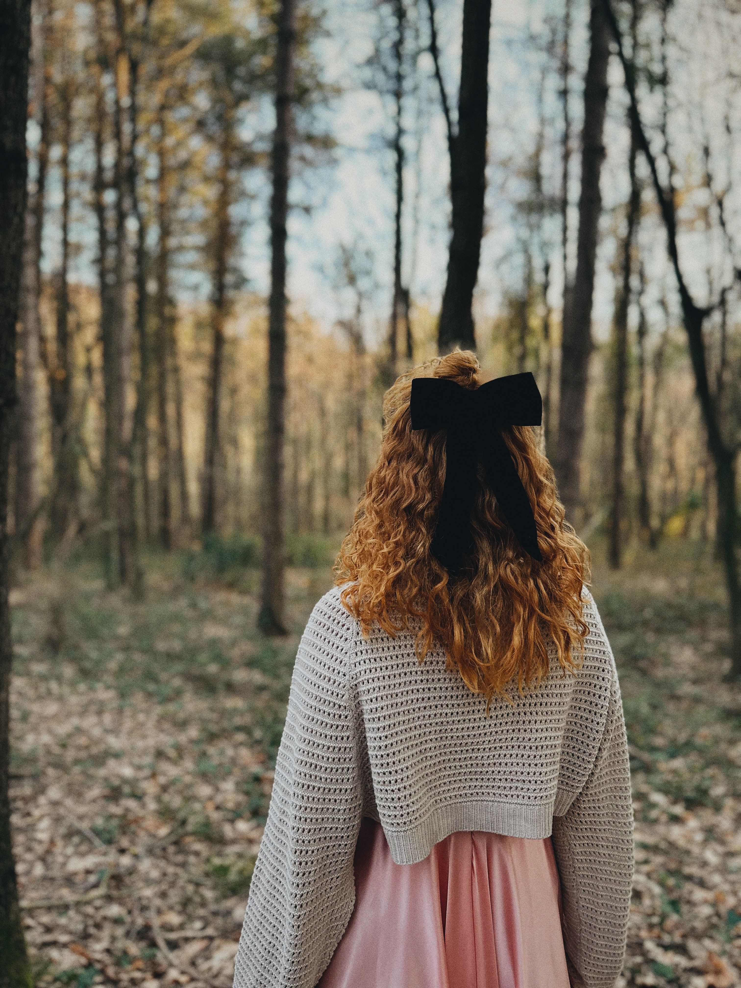 Back View of Woman in Sweater and with Ribbon in Forest · Free Stock Photo
