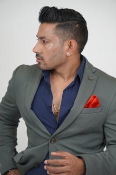 Elegant portrait of a man in a gray suit with vibrant red accents, showcasing fashion and sophistication.