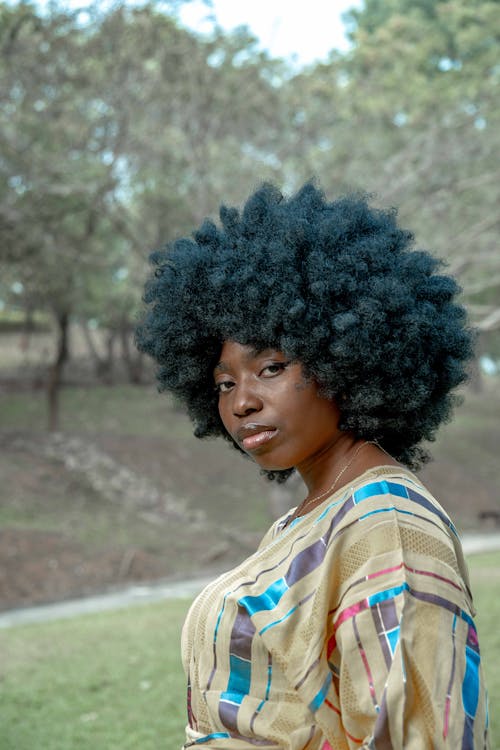A woman with an afro wearing a dress