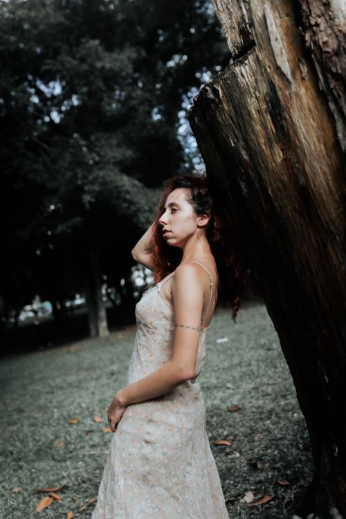 Free Elegant woman posing against a tree trunk in a summer park setting. Stock Photo