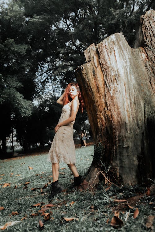 A woman standing next to a tree stump