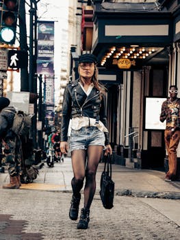 Stylish woman in denim shorts and leather jacket walking in lively Atlanta street.