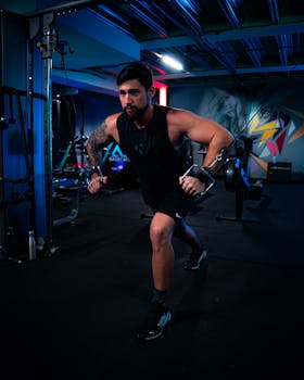 Muscular man working out with cables in a modern gym setting. Fitness focus.