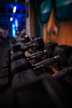 A row of black dumbbells in a gym with a modern and creative atmosphere.