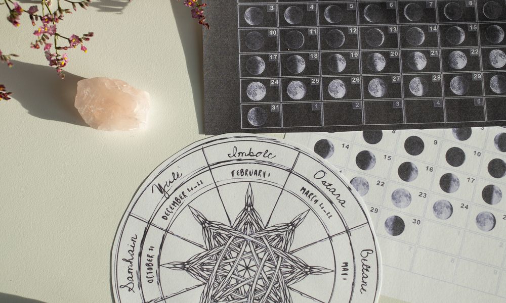 A moon phase calendar and hand-drawn zodiac wheel on a writer's desk, the planning tools behind a daily horoscope column